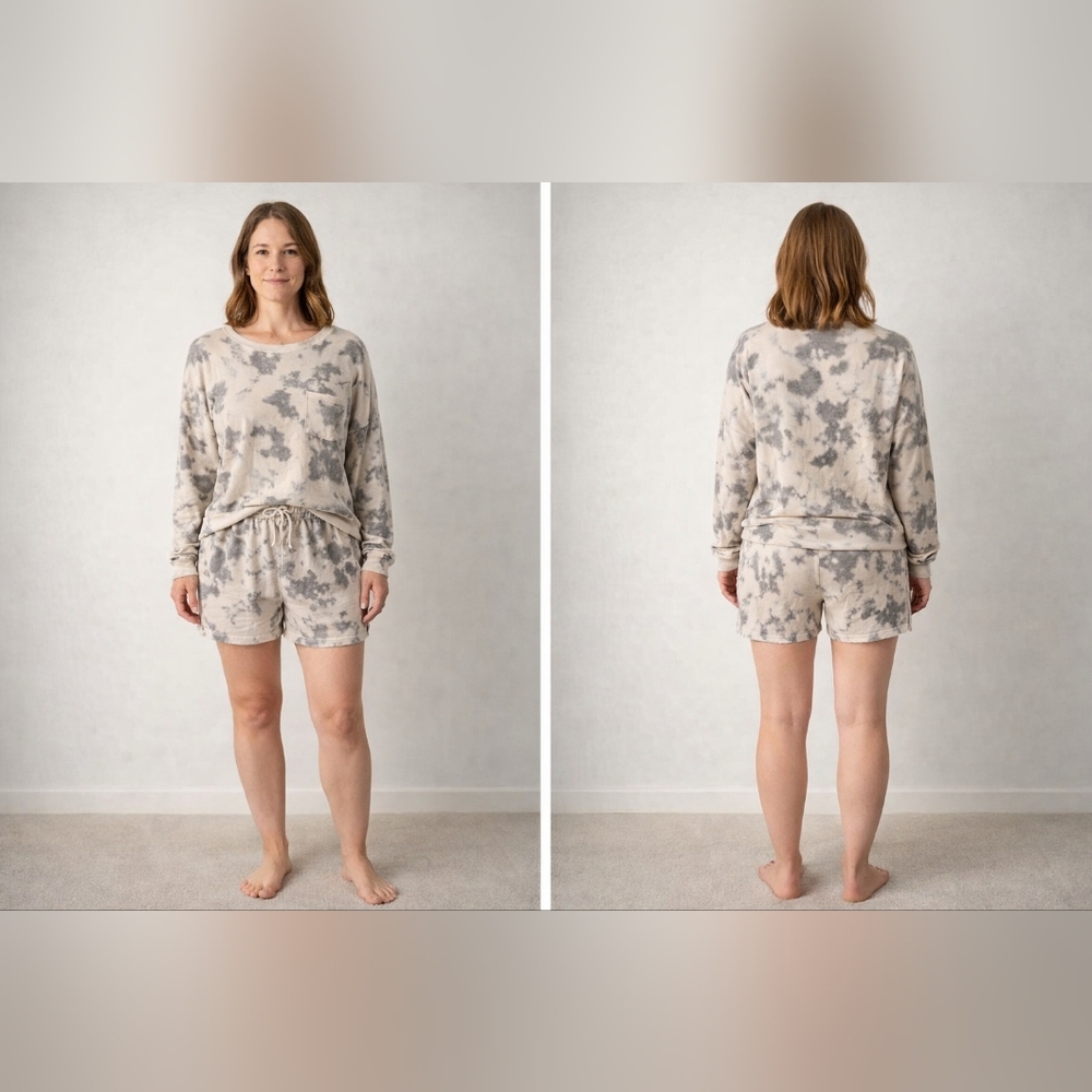 Pink Lily Women's Cloudy‎ Tie-Dye Pajama Set - Cream and Gray
